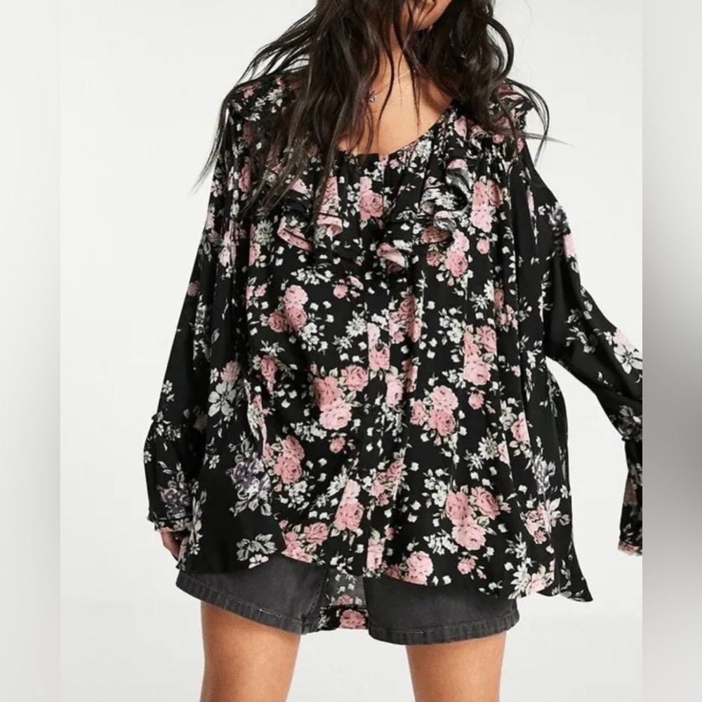 Free People Loretta Floral Oversized Boho Tunic Flare Sleeve Blouse OB1252056